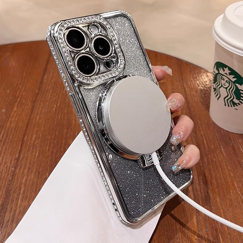 Magnetic Kickstand (Glitter Lens Protector ) Case for IPhone 15 14 13 12 Pro Max (Compatible with Magsafe ) Sparkling Diamond Cover Glitter Shiny Rhinestone Cases (Black,for iphone 14 Plus)