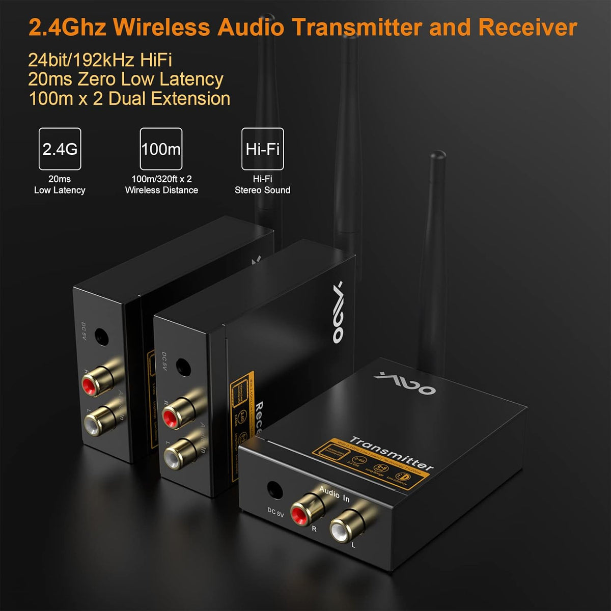 YMOO 3 in 1 2.4Ghz Wireless Audio Transmitter and Receiver,2 Receivers for Two Speakers,20ms Ultra Low Latency,192kHz/24bit HiFi,320ft Range RCA Jack Wireless Adapter for TV/Speaker/PC/Home Stereo