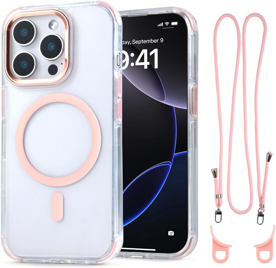 for iPhone 14 Pro Max Case with 62.99 inch Lanyard, Classic Clear&Pink Magnetic Phone Case, Drop&Shockproof Protection Cases, Phone Holder Lanyard, Compatible with Magnet Accessory
