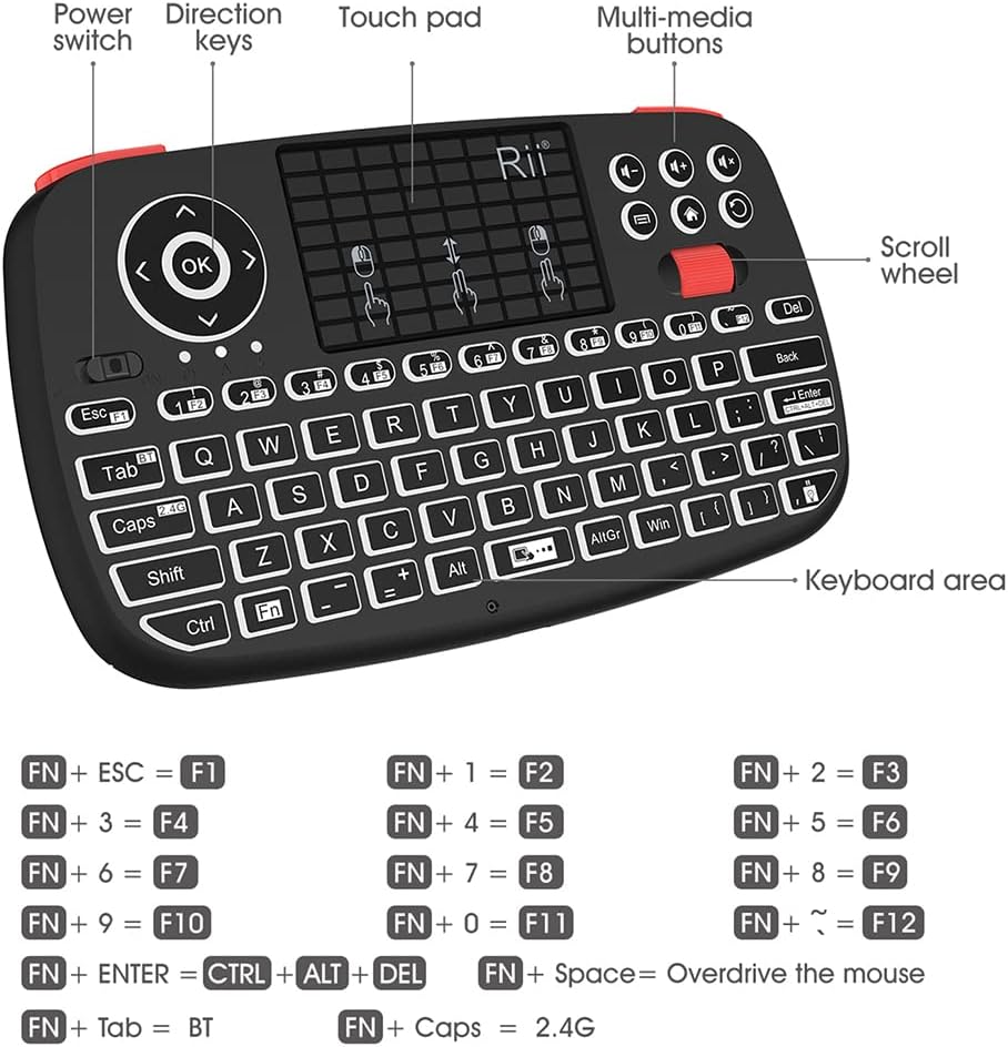 Rii (Upgrade) i4 Mini Bluetooth Keyboard with Touchpad, Blacklit Portable Wireless Keyboard with 2.4G USB Dongle for Smartphones, PC, Tablet, Laptop TV Box iOS Android Windows Mac.Black