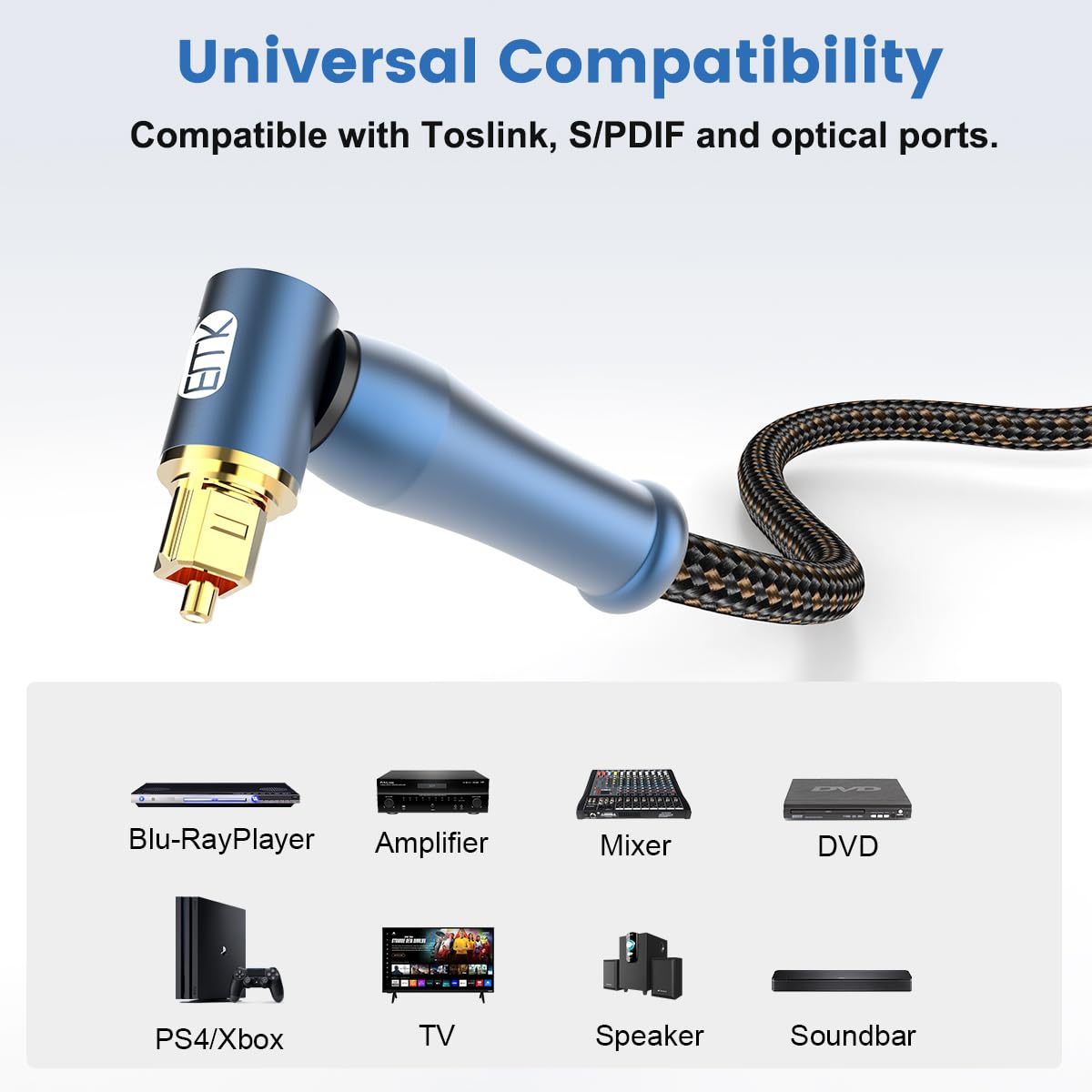 EMK 90 Degree Toslink Optical Cable 24K-Gold Connector 360 Degree Free-Rotating Plug Fiber Optic Cable S/PDIF Toslink Male to Male for Home Theater, Sound Bar, TV, PS4, Xbox (Blue,10ft/3m)
