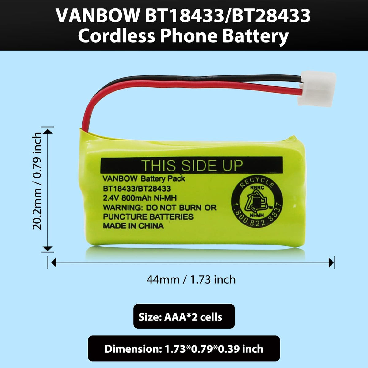 BT18433/BT28433 2.4V 800mAh Ni-MH Cordless Phone Battery, Also Compatible with AT&T BT184342/BT284342 BT8300 BT1011 BT1018 BT1022 BT1031 2SN-AAA55H-S-J1 CS6120 CS6209 CL80109 EL52419 (Pack 2)