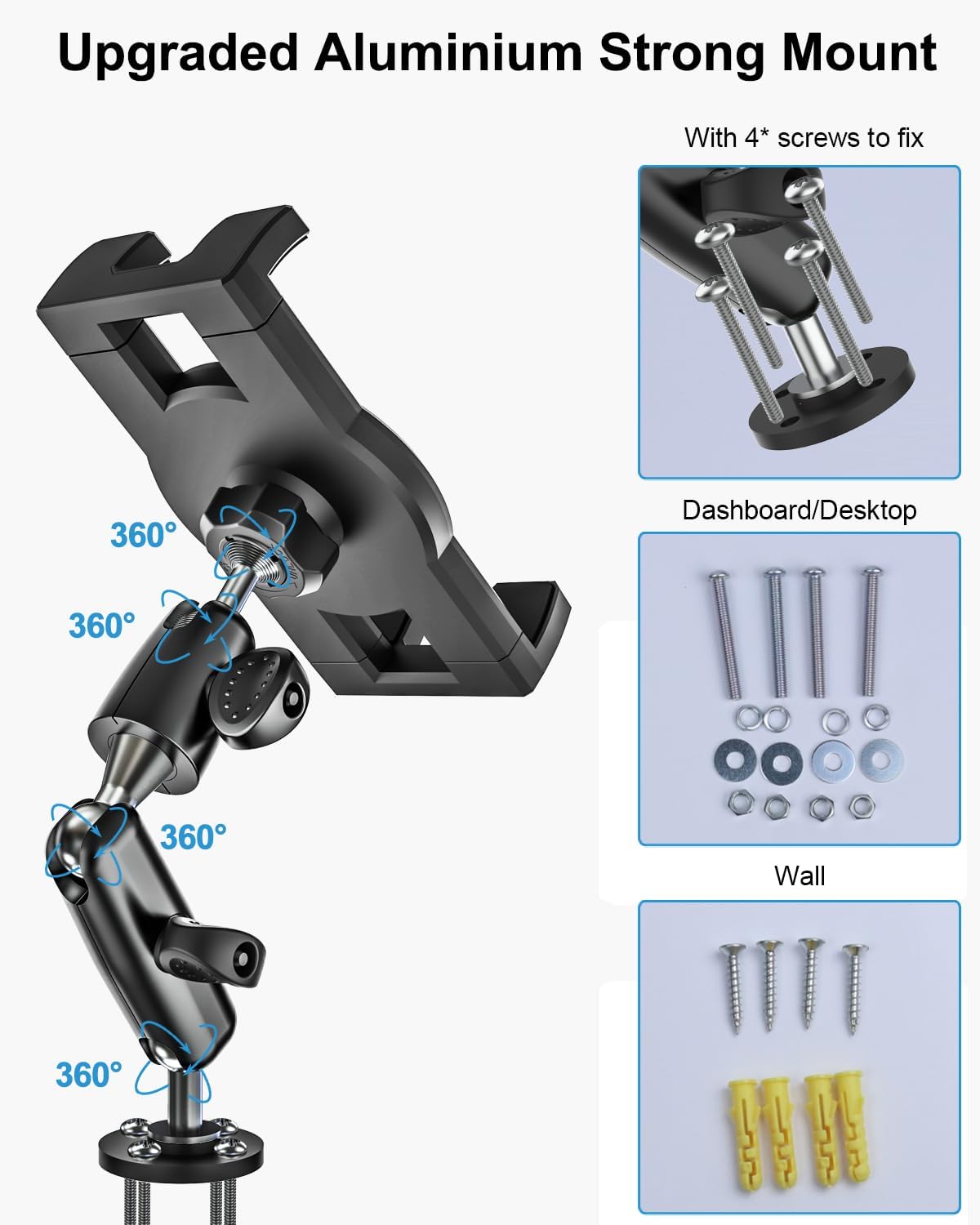 woleyi Aluminum Drill Base Tablet Holder for Car Dashboard - [360° Adjustable 2-Stage Arm] Heavy Duty Tablet Mount for Truck Car Mount Wall Desk, for iPad Pro/Air/Mini/Galaxy Tab/Z Fold, 4-13" Devices