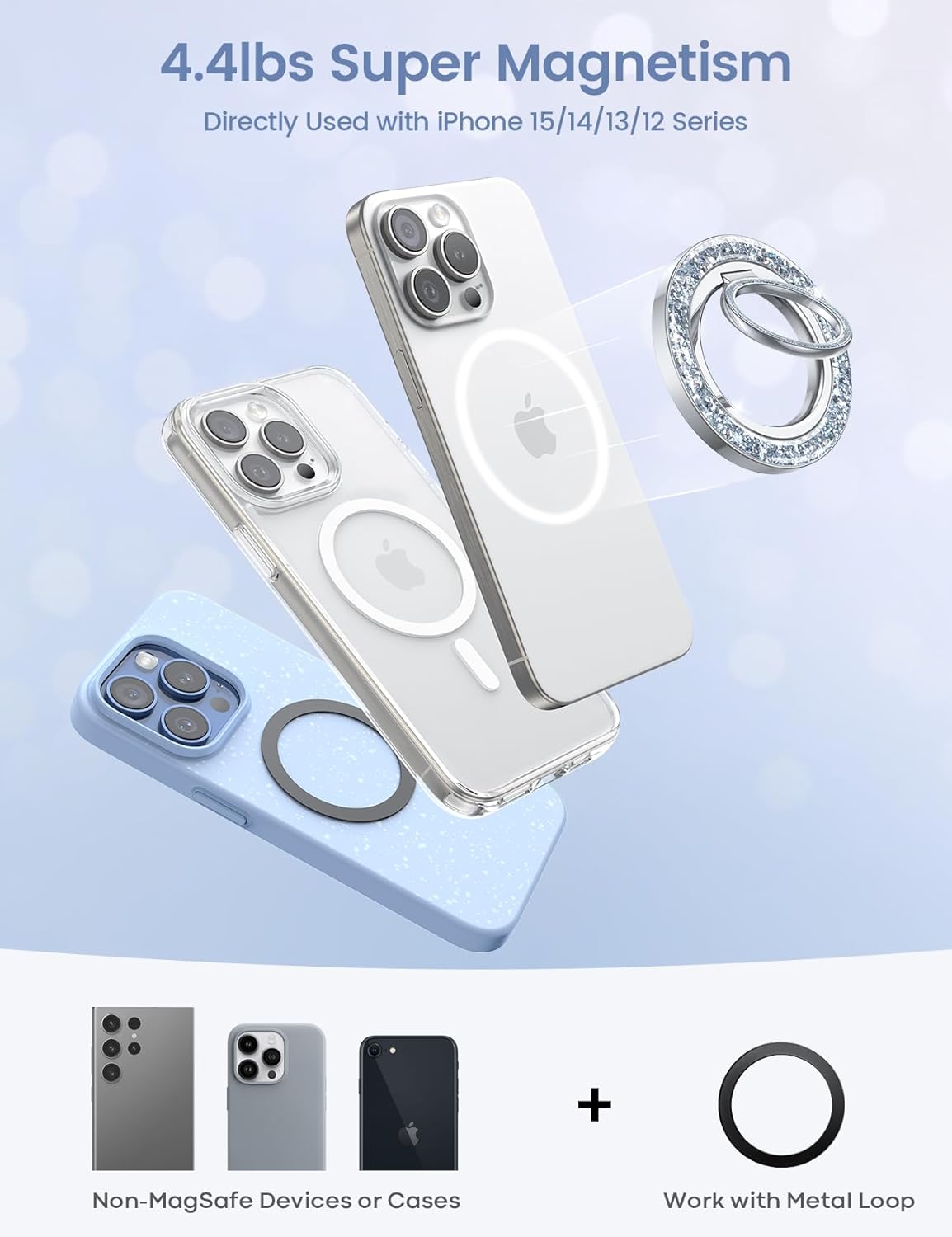 Lamicall Magnetic Phone Ring for MagSafe Grip - 2025 [Super Magnet] Stylish Twinkle Ring Holder Stand with [Upgrade Gear Hinge], Mag Safe Accessory for iPhone 16 15 14 13 Pro Max Plus, Glitter Silver