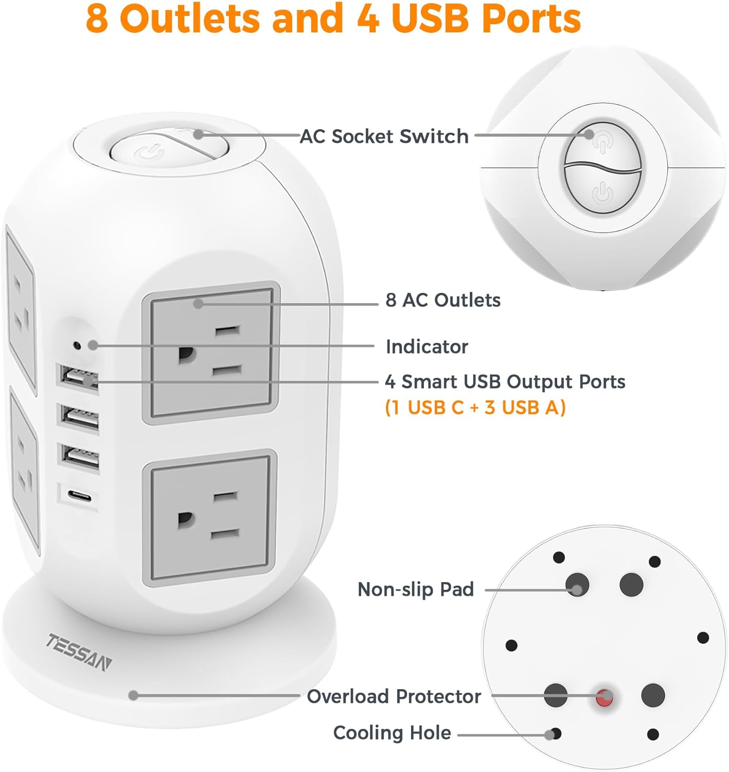 TESSAN Tower Surge Protector Power Strip 10 ft, Long Flat Extension Cord with Multiple Outlets, 8 AC Outlets with 4 USB Ports (1 USB C), Charging Station with Surge Protection, for Home Office Dorm