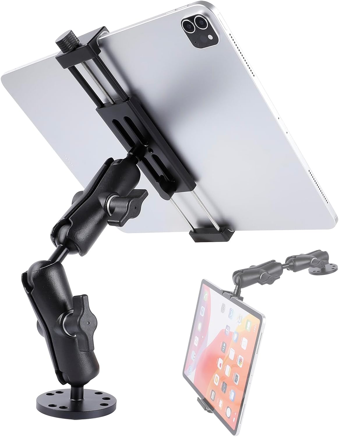 All-Aluminum Heavy Duty Drill Base Tablet Holder Mount for 4.7"-15" iPad Pro,Mini,Samsung Galaxy Tab, Surface, 360°Adjustable 2-Stage Arm Car Stand for Truck Dashboard Wall Desk Commercial Vehicle
