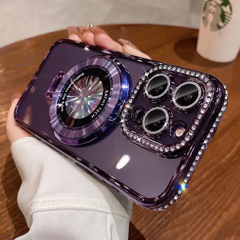 Magnetic Kickstand (Glitter Lens Protector ) Case for IPhone 15 14 13 12 Pro Max (Compatible with Magsafe ) Sparkling Diamond Cover Glitter Shiny Rhinestone Cases (Purple,for iPhone 14 Pro)