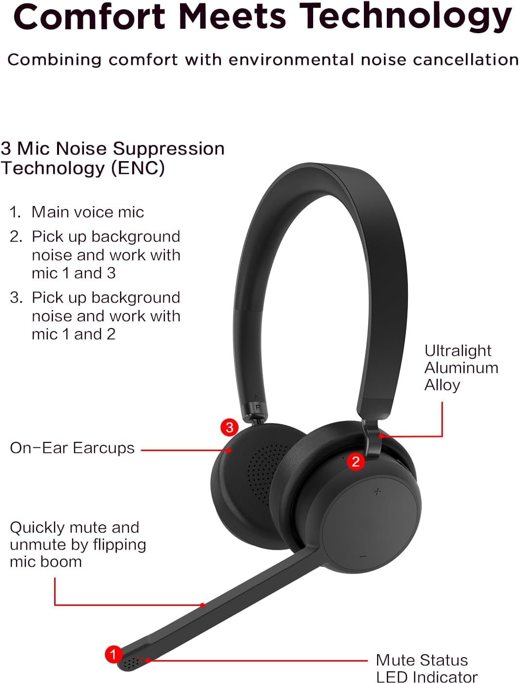 Lenovo Wireless Stereo Headset, Noise Cancelling Mic, Bluetooth 5.3 Multipoint, 31-Hour Talk & 60-Hour Playback, Lightweight 138g, Replaceable Earcups Over-Ear Comfort, Gaming, Office, & PC Use