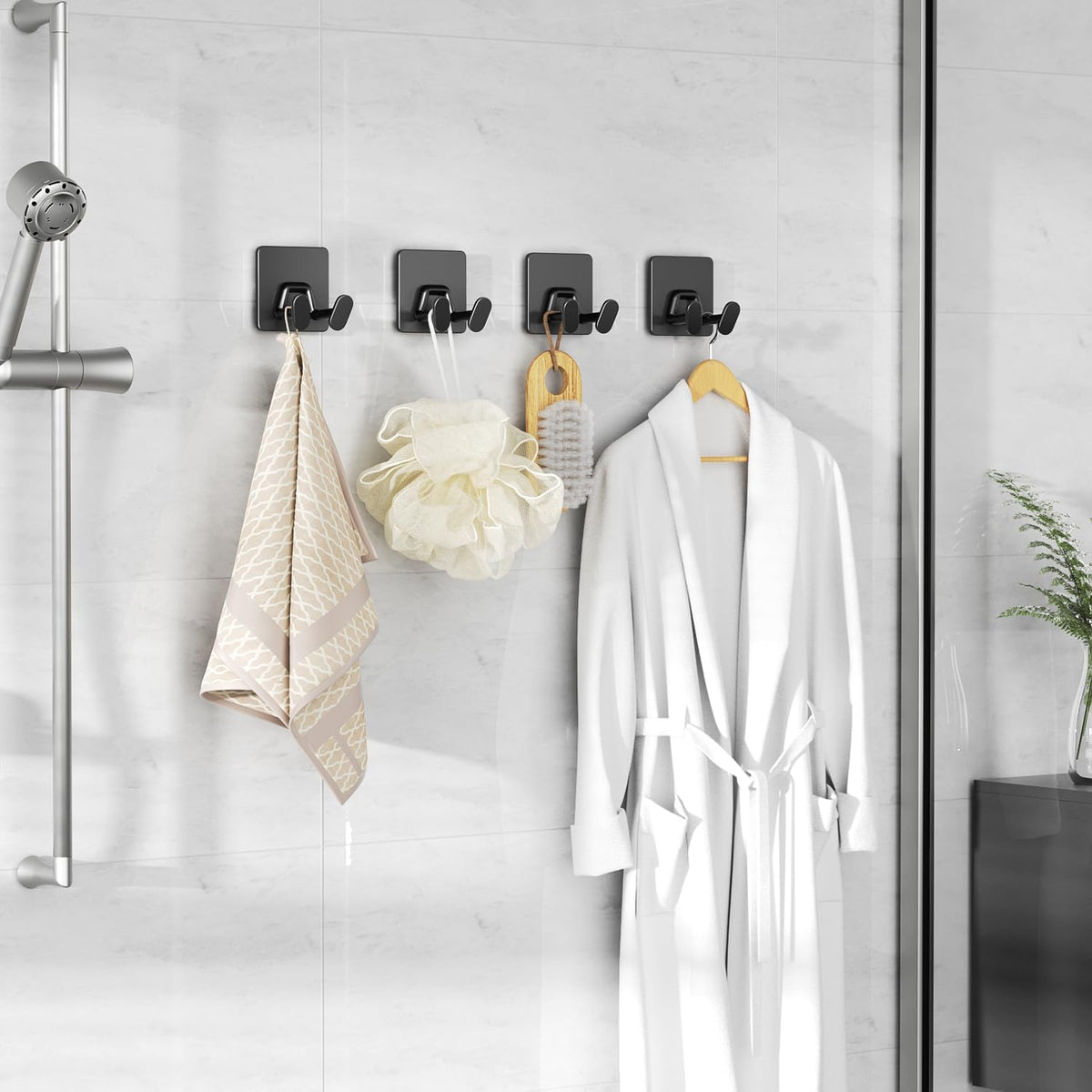Adhesive Shower Hooks for Inside - Extra Sticky Stainless, Razor Holder Shower Accessories, Wall Mounted Self-Adhesive Double Hooks for Razor, Loofah, Towel, Shaver, Coat, Key, Matt Black, 6 Pack