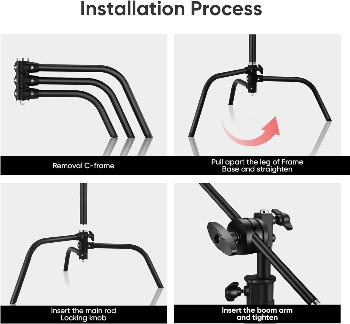 Soonpho 2 Pack 100% Heavy-Duty Steel C-Stand, Pro Photography Light Stand with 3.5'/108cm Extension Arm, Grip Head, Turtle Base for Studio Monolight, Softbox, Reflector, Max Height 10'/305cm – Black