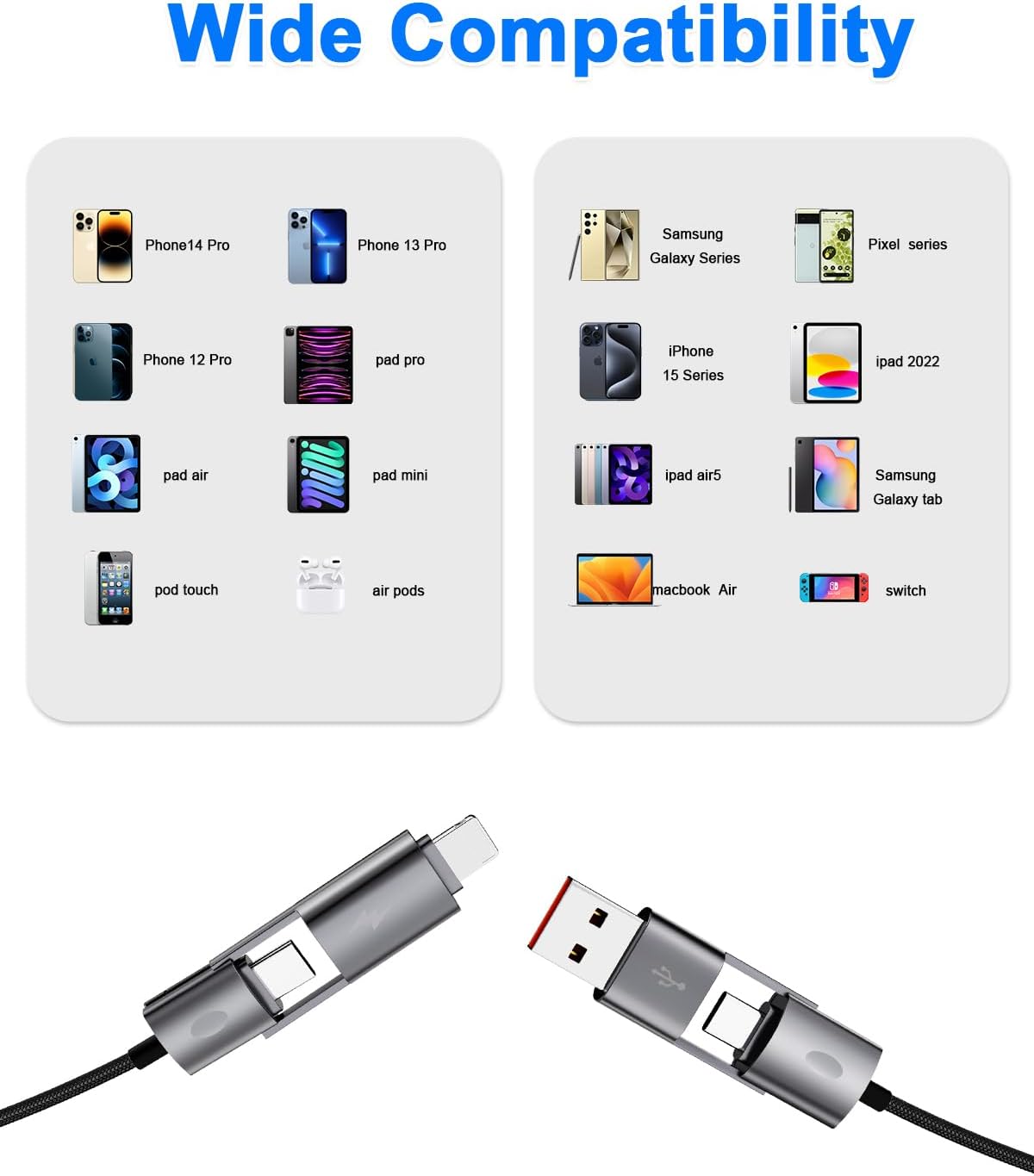 2Pack 4 in 1 USB C Cable Fast Charging PD 65W 27W Multi Charger Cord with Type C/USB A/L Port, 3FT Round Braided Dual USB-C Cable for iPhone 16 15 14 Pro Max/Samsung/i-Pad/MacBook