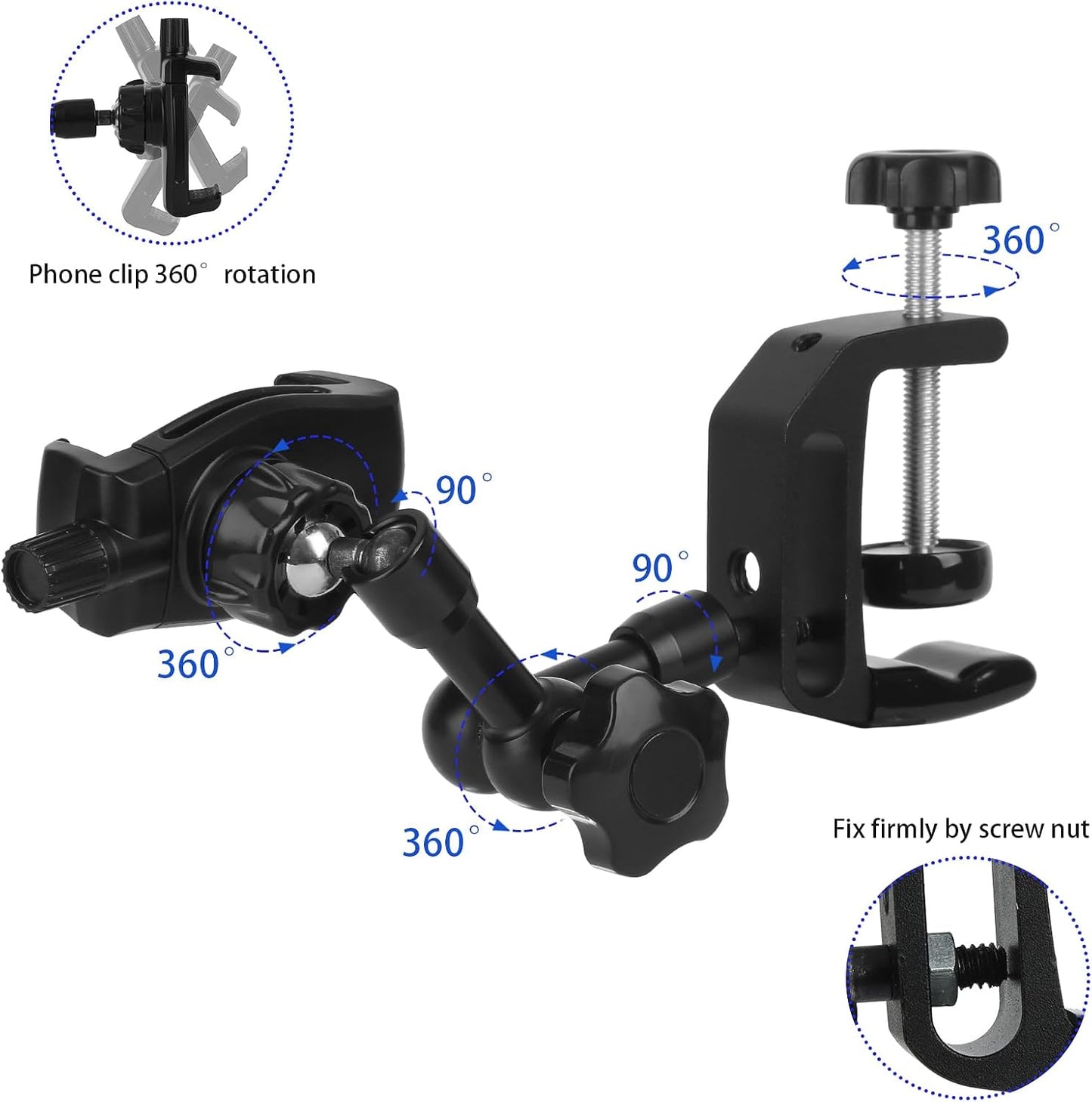iPhone Mount for Desk/Table/Rod/Kitchen Cabinet,360°Adjustable Aluminum Alloy Phone Stand,Clip Holder Compatible with 3.5~7.5" iPhone/Nexus/HTC/Huawei/Smartphone