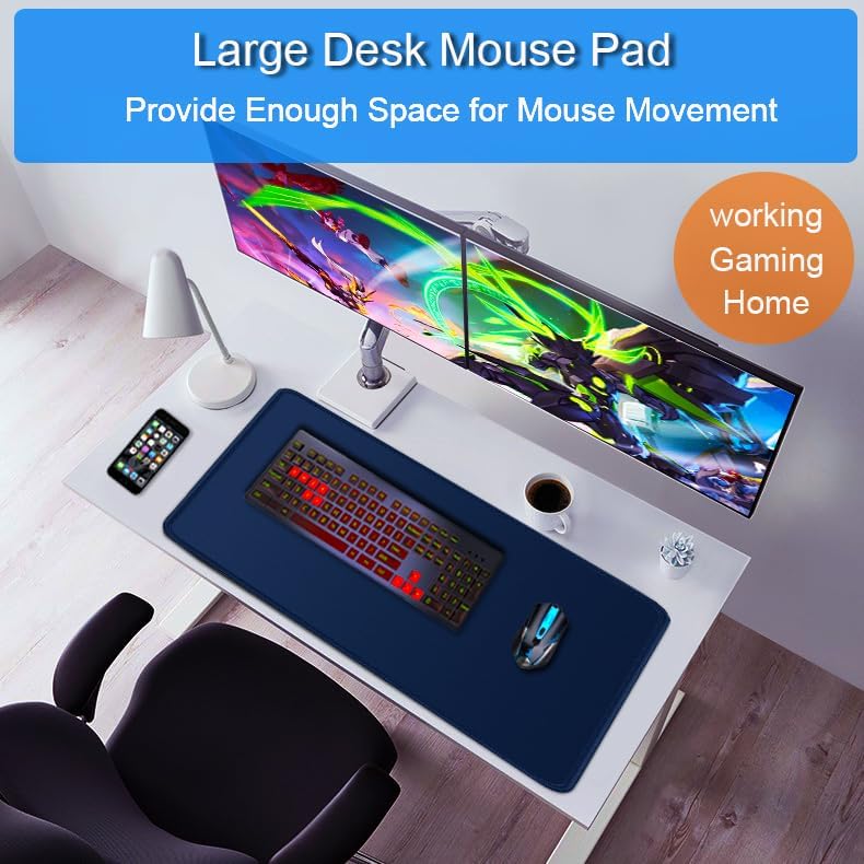 Large Mouse Pad, 31.5x15.7 inch Large Extended Computer Keyboard Mouse Mat, Water Resist Non-Slip Mousepad Rubber Base Long XXL Desk Mouse Pad for Work & Gaming, Office & Home, Dark Blue