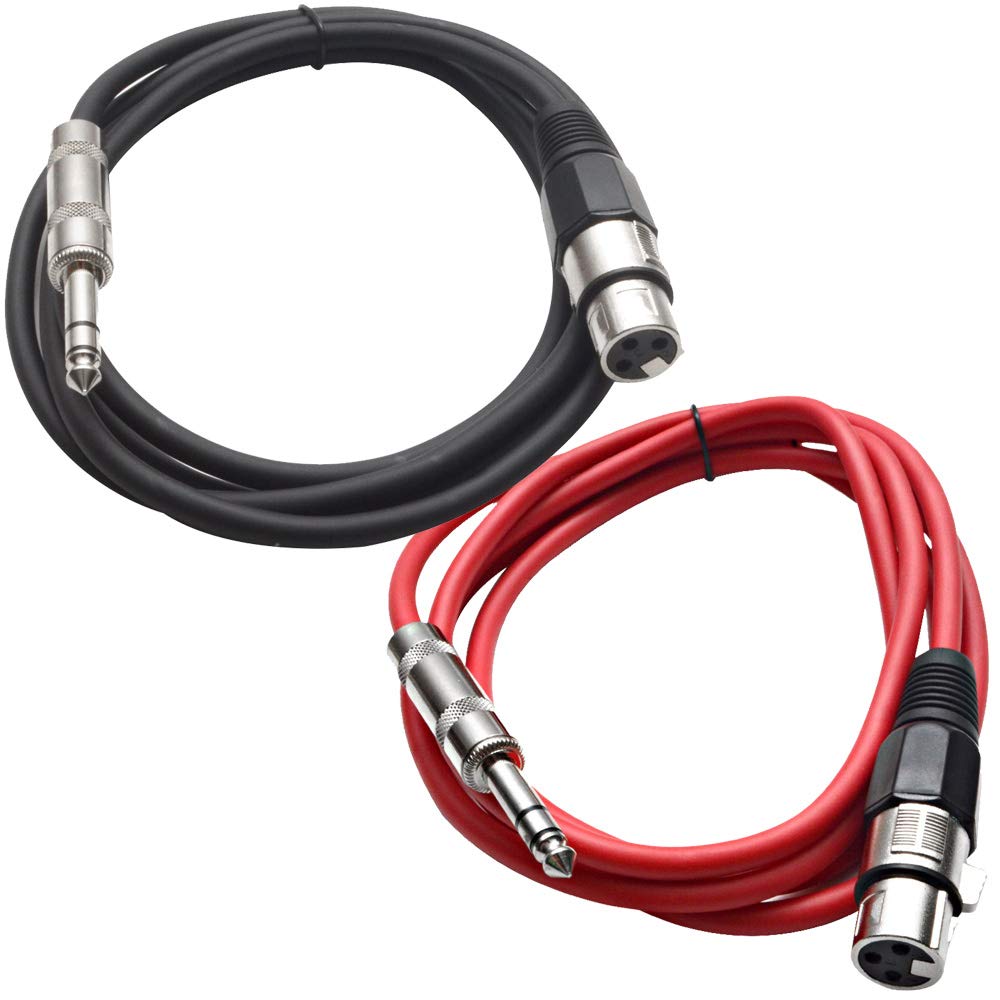 Seismic Audio - SATRXL-F6-2 Pack of 6 Foot 1/4 Inch TRS to XLR Female Patch Cables - Balanced - 6 Foot Patch Cord - Black and Red