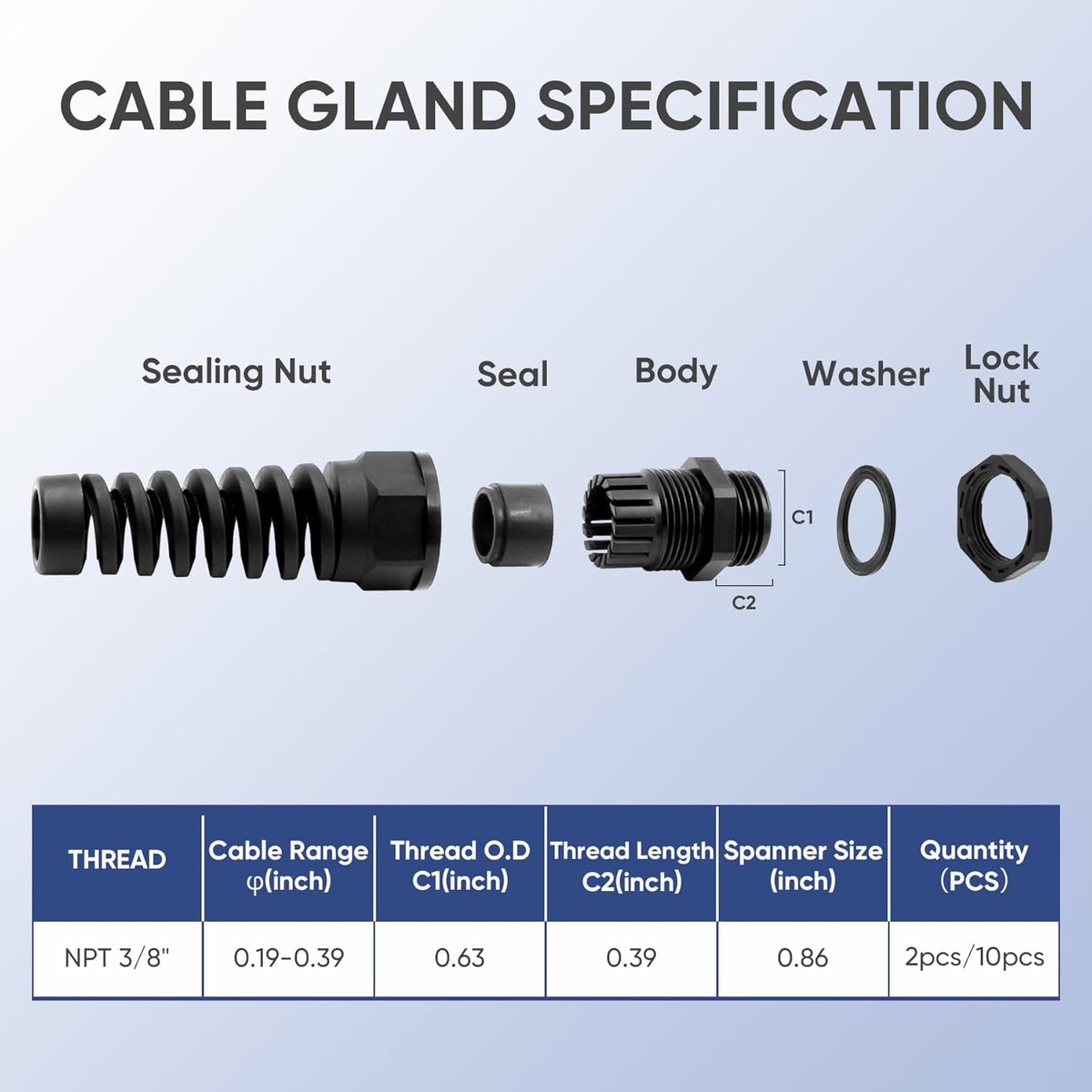 Strain Relief Cord Connector,LISTENJIALE 2Pcs NPT 3/8" Waterproof Cable Gland Flex Spiral Strain Relief Adjustable 5-10mm Cable Connector Nylon Joint with Gaskets(Black)
