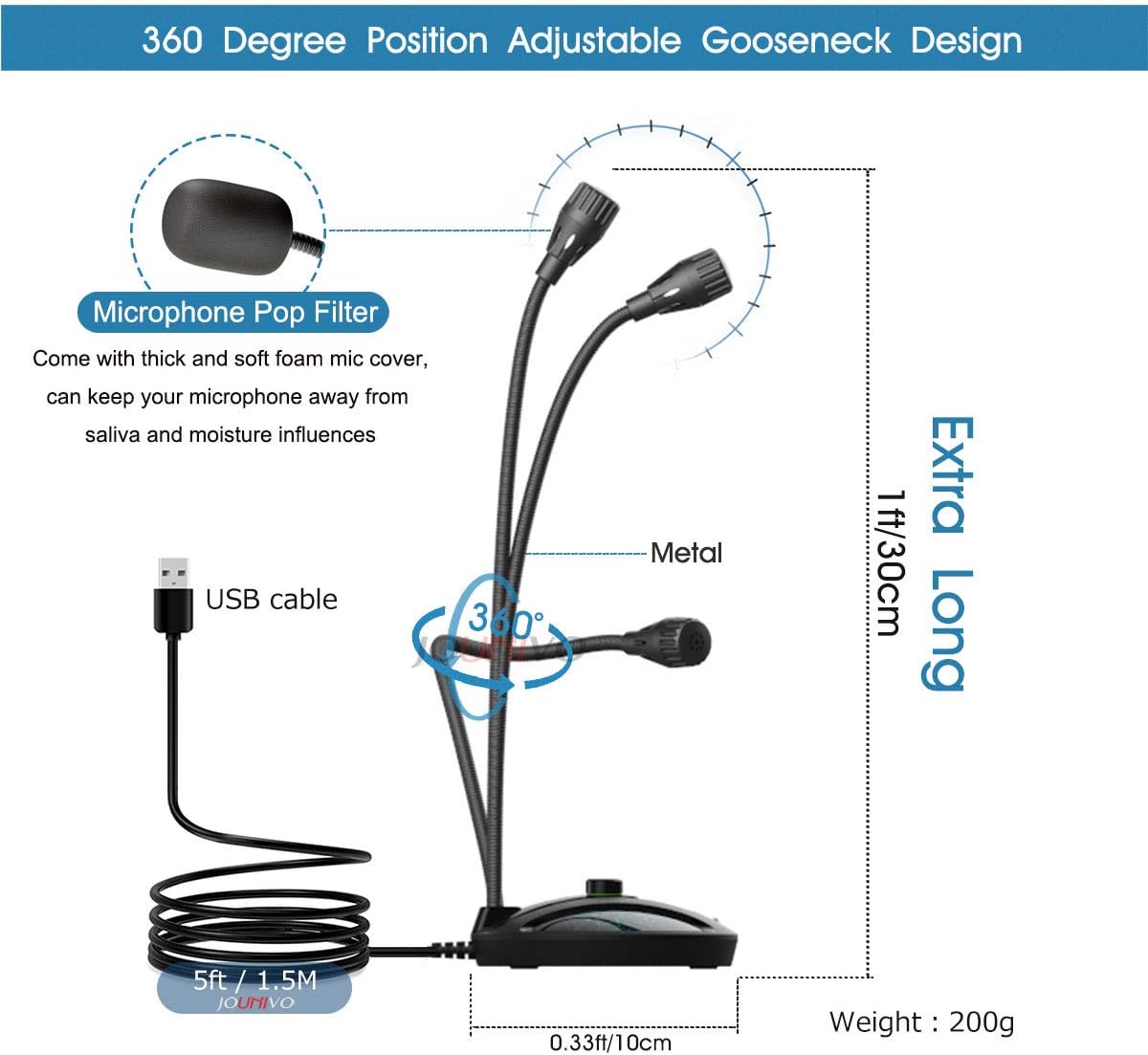 JOUNIVO USB Recording Microphone, Computer PC Podcast Condenser Cardioid Mic with Mute Button & LED Indicator for Laptop, Mac, PS4 - Vocal, Podcasting, Skype, YouTube, Streaming (JV603PRO)