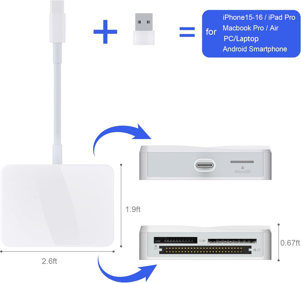 SD Card Reader, 4 in 1 USB C to CF/SD/TF/MS Card Reader with USB to USB C Adapter Memroy Card Reader for iPhone 15/16 Pro Max iPad Pro MacBook Pro/Air iMac M1/M2/M3/M4 Android Phone/Tablet PC