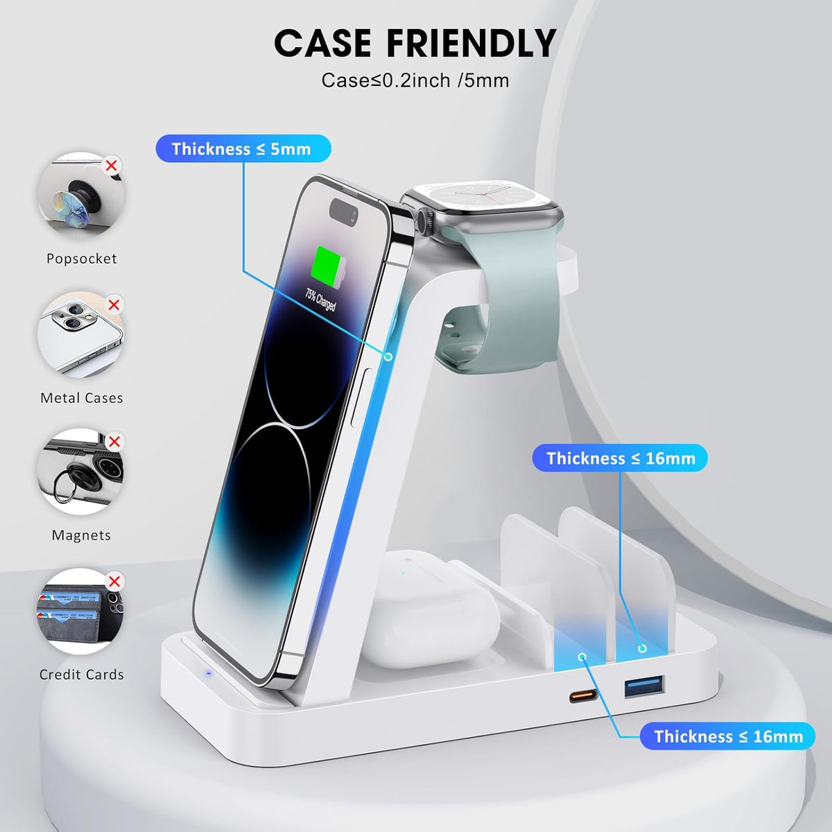 Wireless Charger for iPhone - 5 in 1 Charging Station for Multiple Devices Apple: Fast Wireless Charging Stand Dock for iPhone 16e 16 15 14 13 12 Pro Max Apple Watch Airpods(White)
