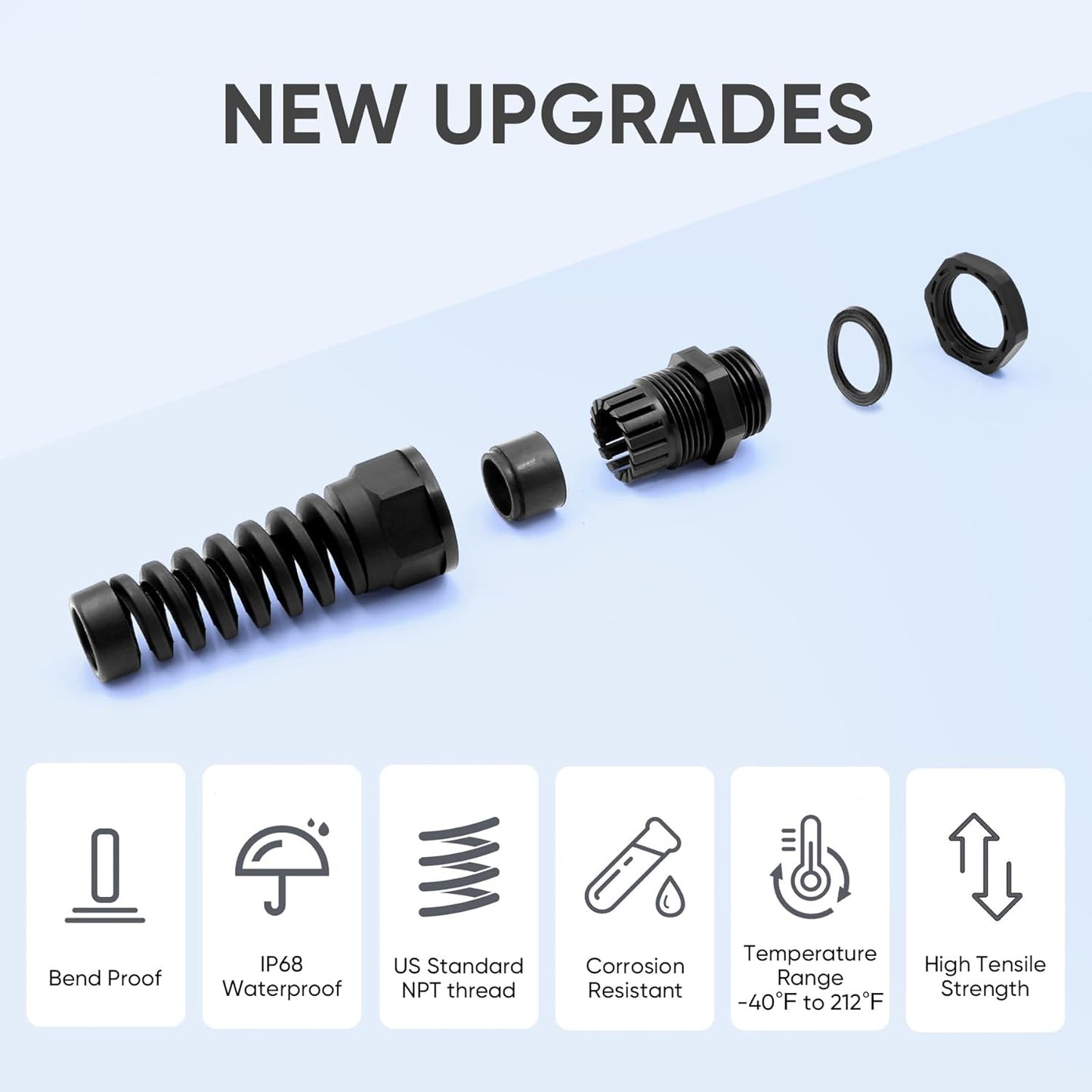Strain Relief Cord Connector,LISTENJIALE 10Pcs NPT 3/8" Waterproof Cable Gland Flex Spiral Strain Relief Adjustable 5-10mm Cable Connector Nylon Joint with Gaskets(Black)