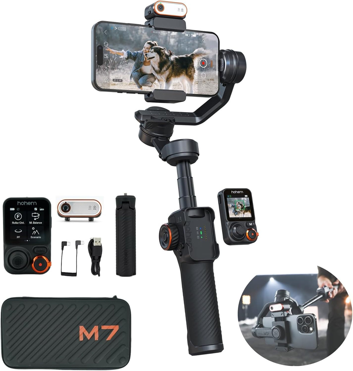 Hohem iSteady M7 Gimbal Stabilizer for Smartphone, 3-Axis Phone Gimbal, Gimbal Stabilizer for iPhone & Android, AI Tracking Sensor with Fill Light, 1.4" Detachable Touchscreen Remote Control