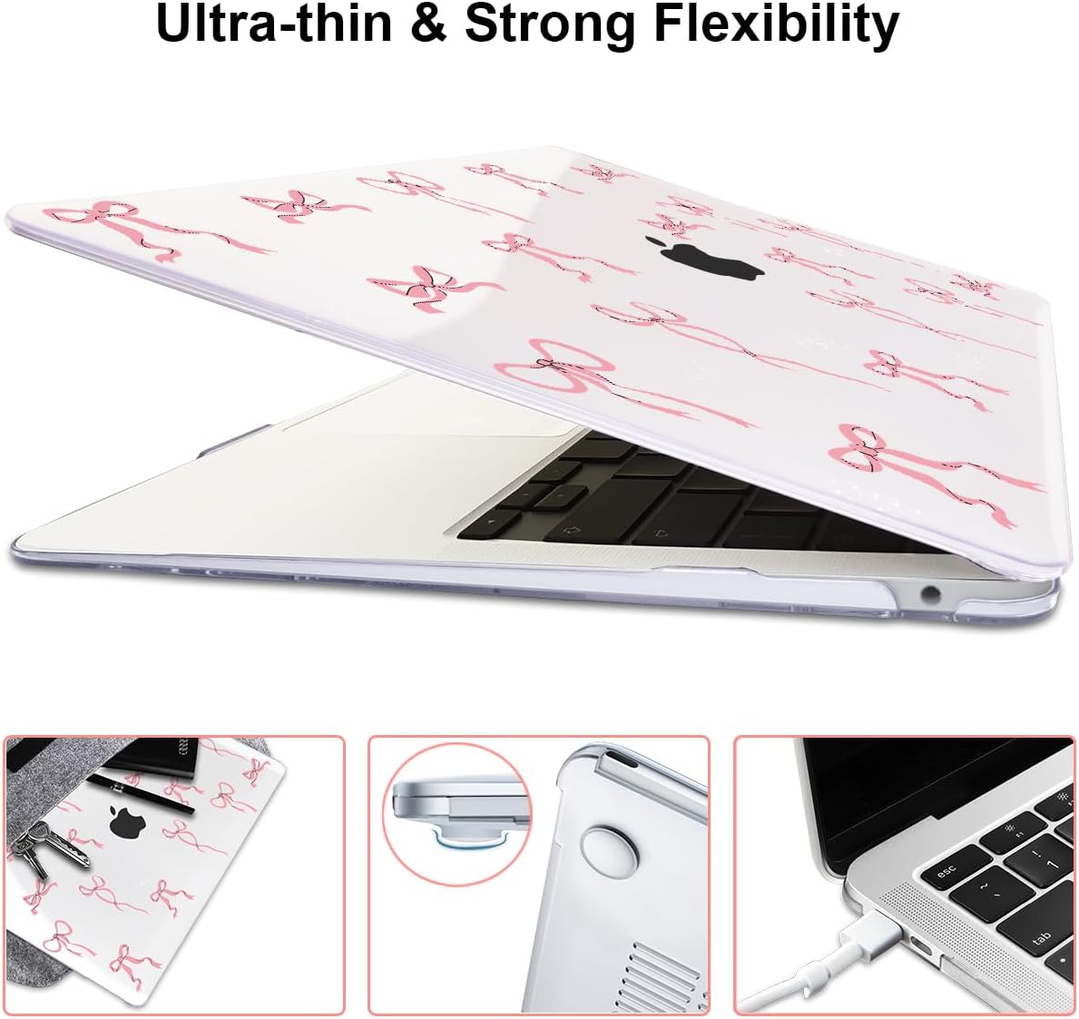 for MacBook Pro 13 Inch Case 2022 M2 2020 2021 A2338 M1 A2251 A2289 with Touch Bar & Touch ID, Pattern Plastic Hard Case Keyboard Cover Screen Protector Webcam Cover Brush, Pink Bowknot