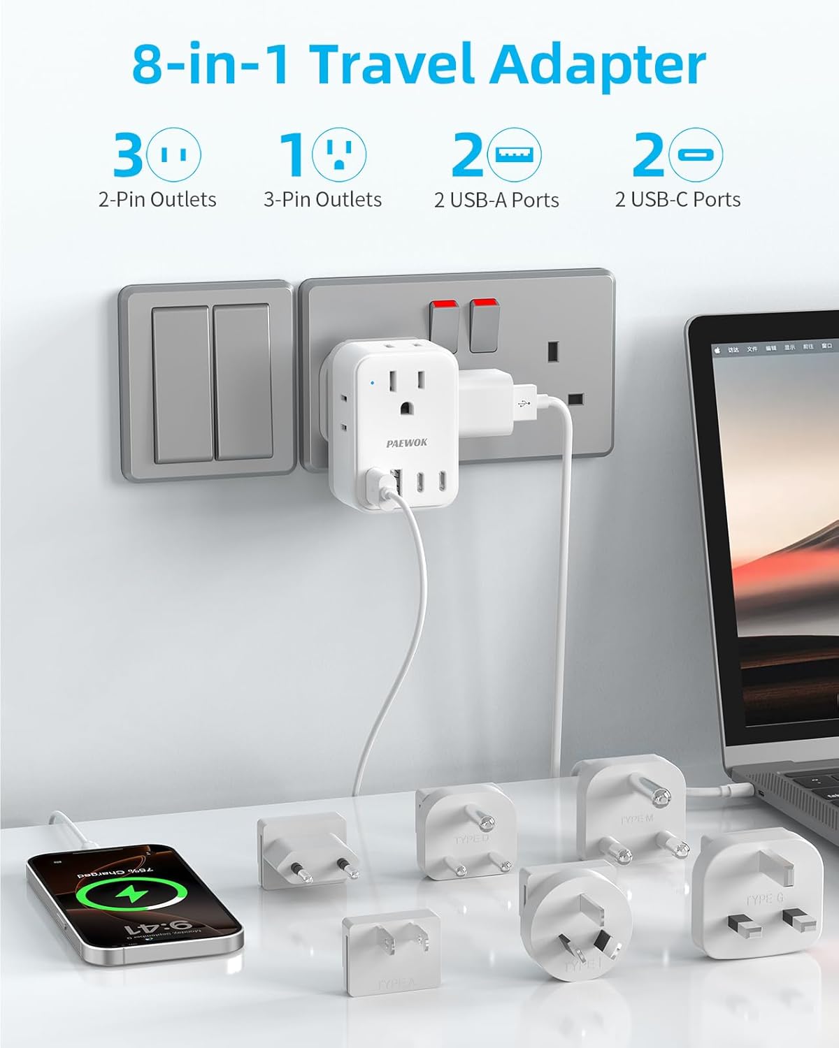 International Power Adapter Set, US to Worldwide Universal Travel Adapter- 4 AC Outlets 4 USB Ports (2 USB C), Type C/G/A/I/D/M Detachable Charger Plug for EU/UK/AUS/Japan/South Africa