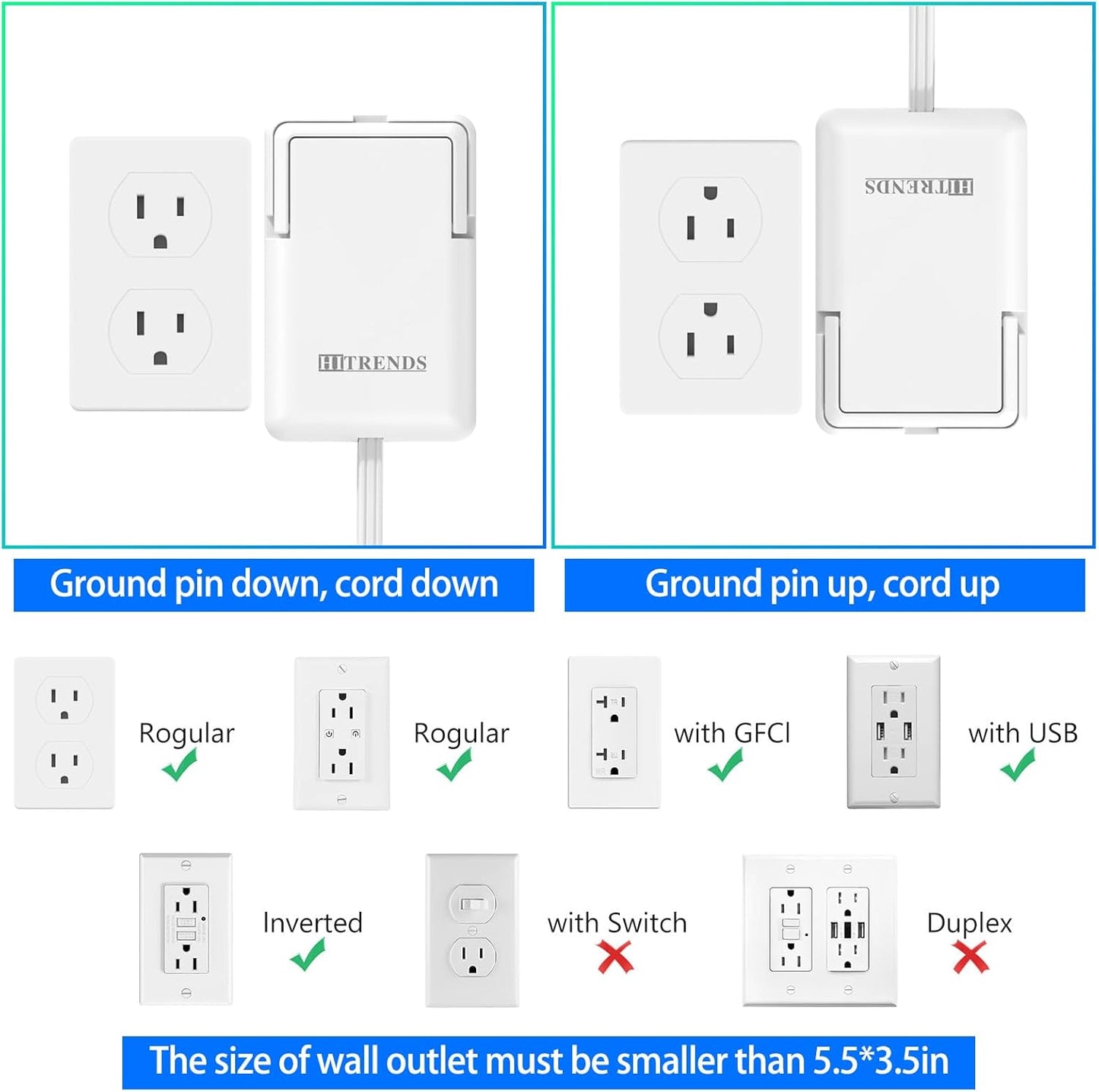 6FT Ultra Flat Plug Extension Cord with 3 Outlets, Ultra-Thin Outlet Cover Power Bar, Universal Size Flat Plug Power Strip, Child & Pet Safe, 1625W