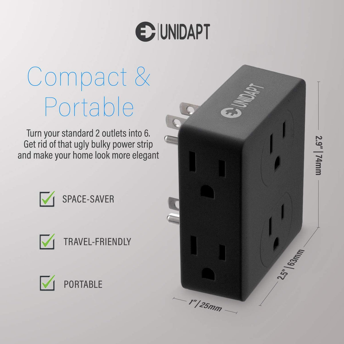 Multi Plug Outlet Splitter, Unidapt Multiple Outlets Extender Adapter with 6 AC Sockets, Side Splitter Box, Wall Power Plug Expander for Home Hotel Office Dorm Essentials, 2-Pack (Black)