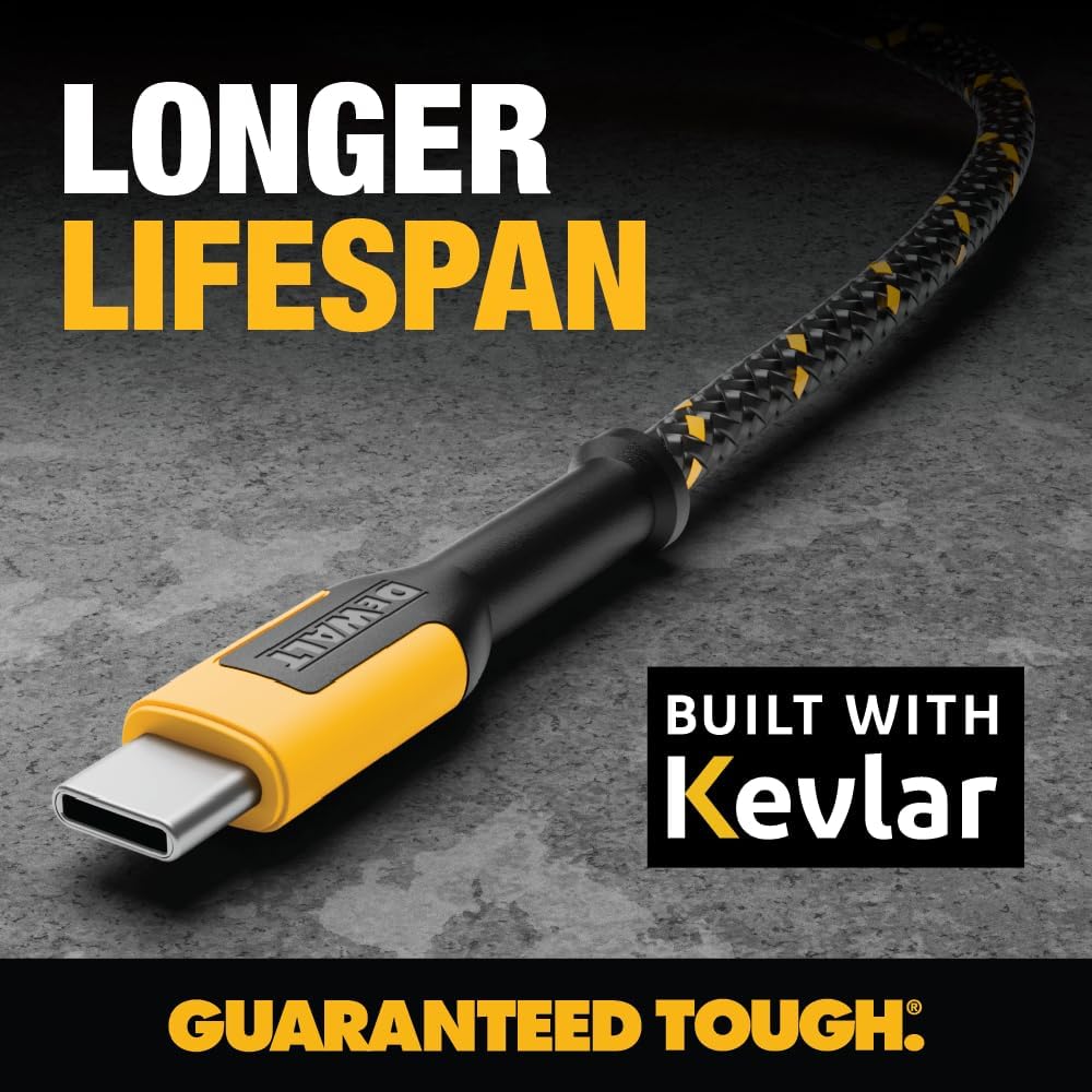 DEWALT Heavy Duty USB C Cable, Jobsite 60 Watt USB C Cable, High Speed Type-C to Type-C, Fast Charge PD USBC Fast Charging Cord for iPhone 16/15 Plus Pro Max, MacBook, iPad, Samsung Galaxy, 6 ft