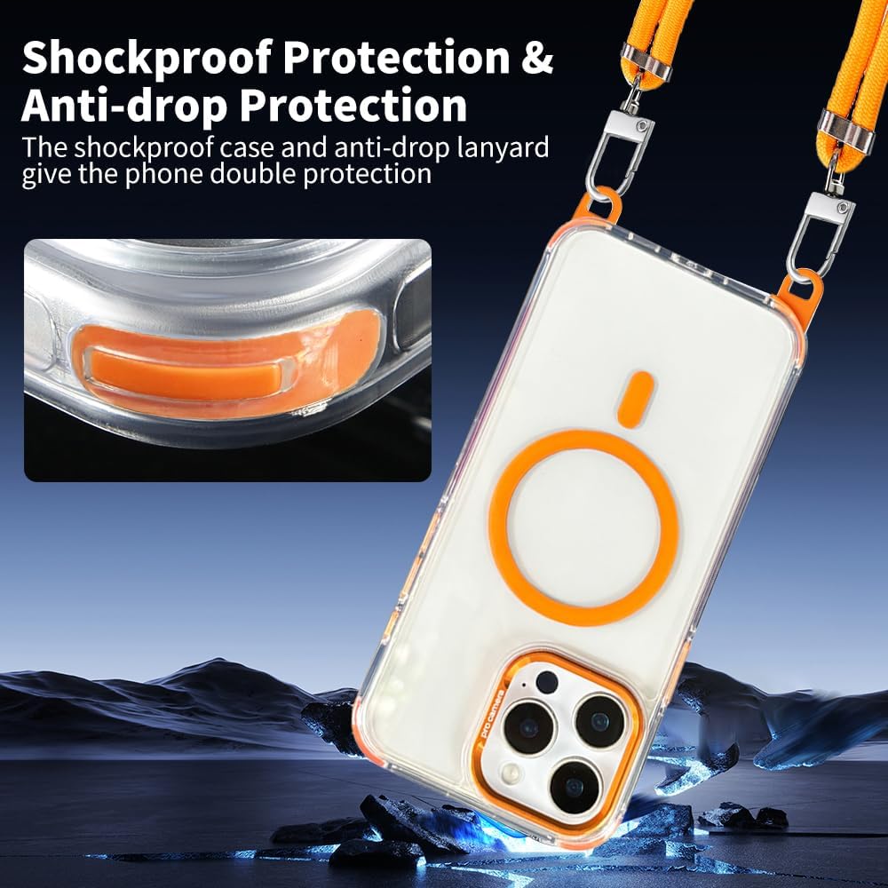 Cases for iPhone 15 Pro with 62.99 inch Lanyard Strap, Compatible with MagSafe, Classic Clear&Orange Phone Cover Non-Yellowing, Hands-Free Phone Case Drop&Shockproof, Adjustable Phone Lanyard