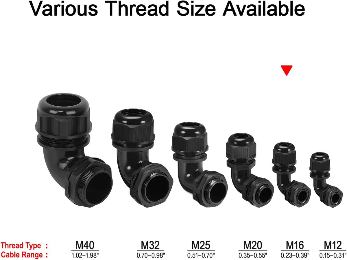 LeMotech M20 Cable Gland, 90 Degree Adjustable 9-14mm Strain Relief, Cord Connectors Nylon Joints with Gaskets, 6 Pcs, Black