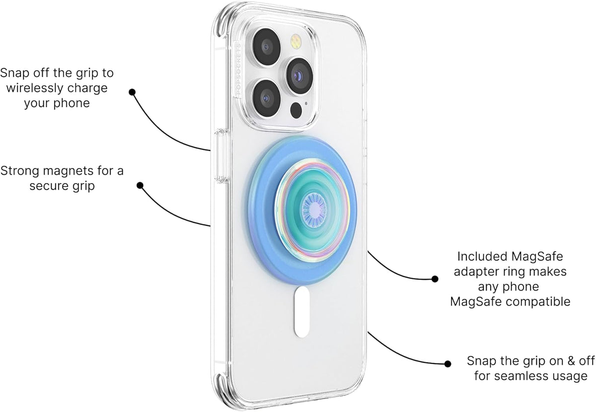PopSockets Phone Grip for MagSafe with Kickstand, Magnetic Stand, Swappable Top, Secure Hold for iPhone MagSafe Cases, Phone & Tablet Grip - Blue Opalescent