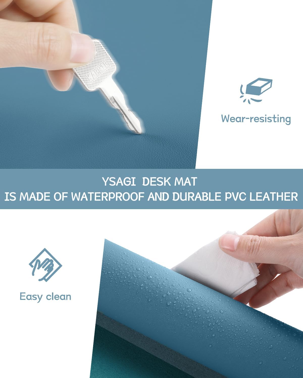 YSAGi Non-Slip Leather Desk Pad L Size, Waterproof Laptop Computer Desk Keyboard Mat, Table Protector Blotter Mat, Large Mouse Pad for Office/Work/Home/Decor(Blue, 35.4" x 17")