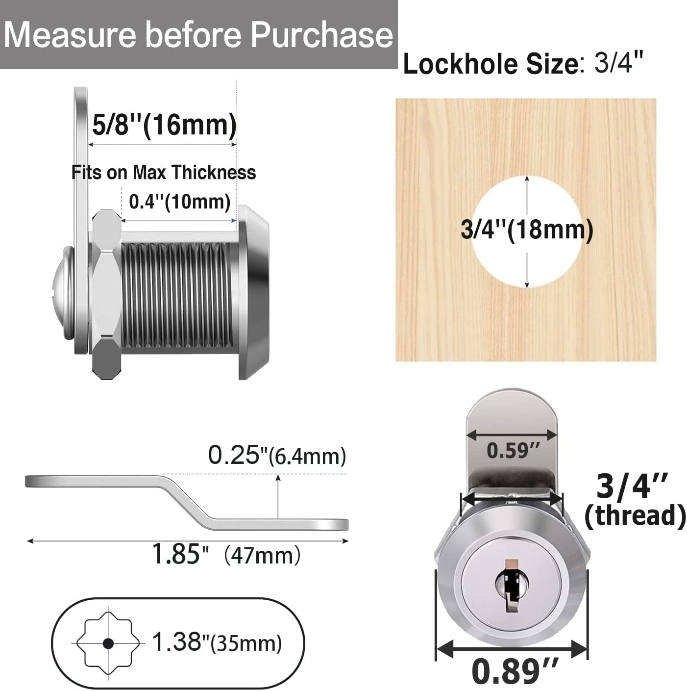 Cabinet Cam Locks Keyed Alike, 5/8'' Fits on 3/8'' Max Door Thickness, Secure File Drawer Mailbox RV Storage Replacement Set, Zinc Alloy (5/8 Inch 2Pcs)