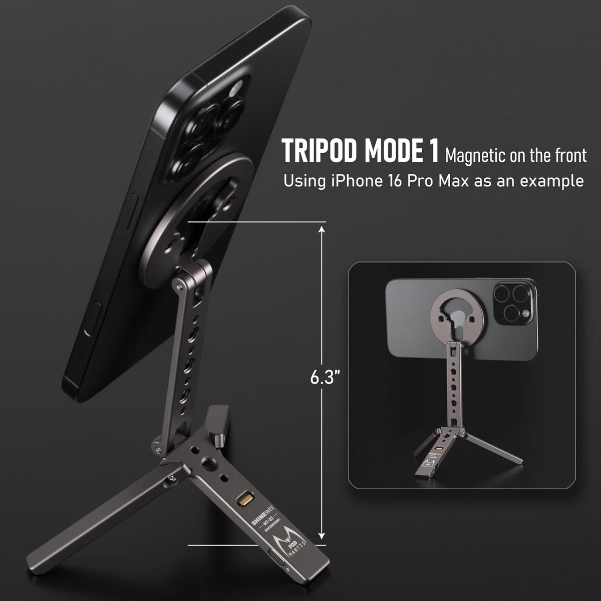 Magnetic Tripod for iPhone 12/13/14/15/16 & MagSafe Cases | Handy Phone Stand | 20 N52 Magnets Inside, Cold Shoe Mount, 1/4" Screw & Foldable Hook