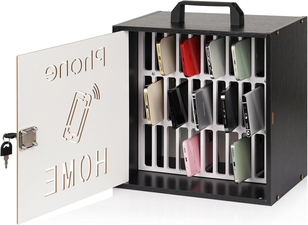 Cell Phone Holder Classroom 33 Slots Wooden Cell Phone Storage Cabinet Pocket Chart with Handle and Security Lock for Classroom Office (33 Grid Cabinet Black)