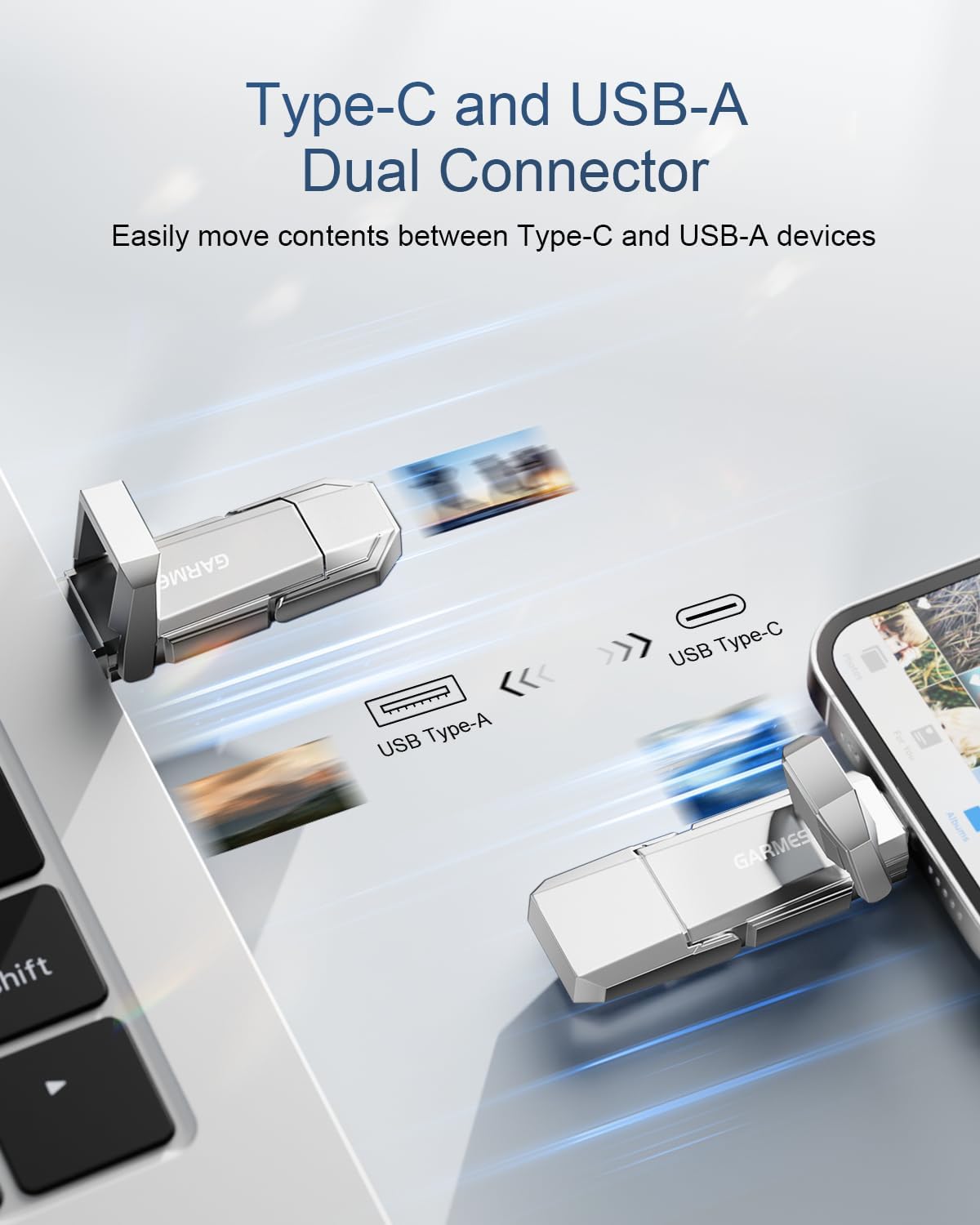 64GB USB C Flash Drive Up to 450MB/s USB 3.2 Solid State Thumb Drive Type-A + Type-C 2-in-1 Flash Drive Memory Stick Data Storage Compatible with iPhone 16 Android Phone Tablet Game Console