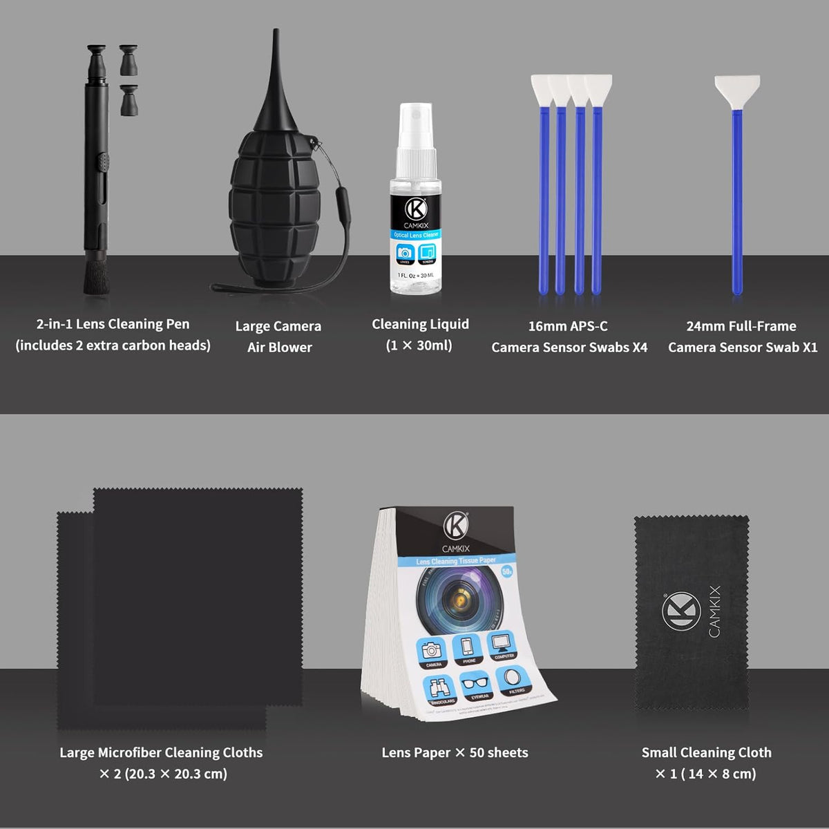 Camkix 14-in-1 Camera Lens Cleaning Kit - Includes Advanced Large Silicone Air Blower, 2in1 Lens Cleaning Pen, Dry Swabs, Cleaning Paper, 30 ML Optical Lens Spray for Mirrorless Cameras, APS-C, DSLR