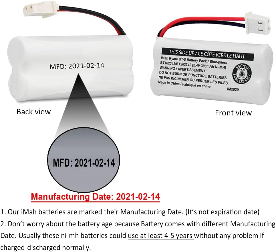 iMah BT162342/BT262342 2.4V 300mAh Ni-MH Cordless Phone Battery Pack, Also Compatible with BT183342/BT283342 AT&T EL52351 TL90070 VTech CS5119 DS6511 DS6722 LS6305 Handset, 5-Pack