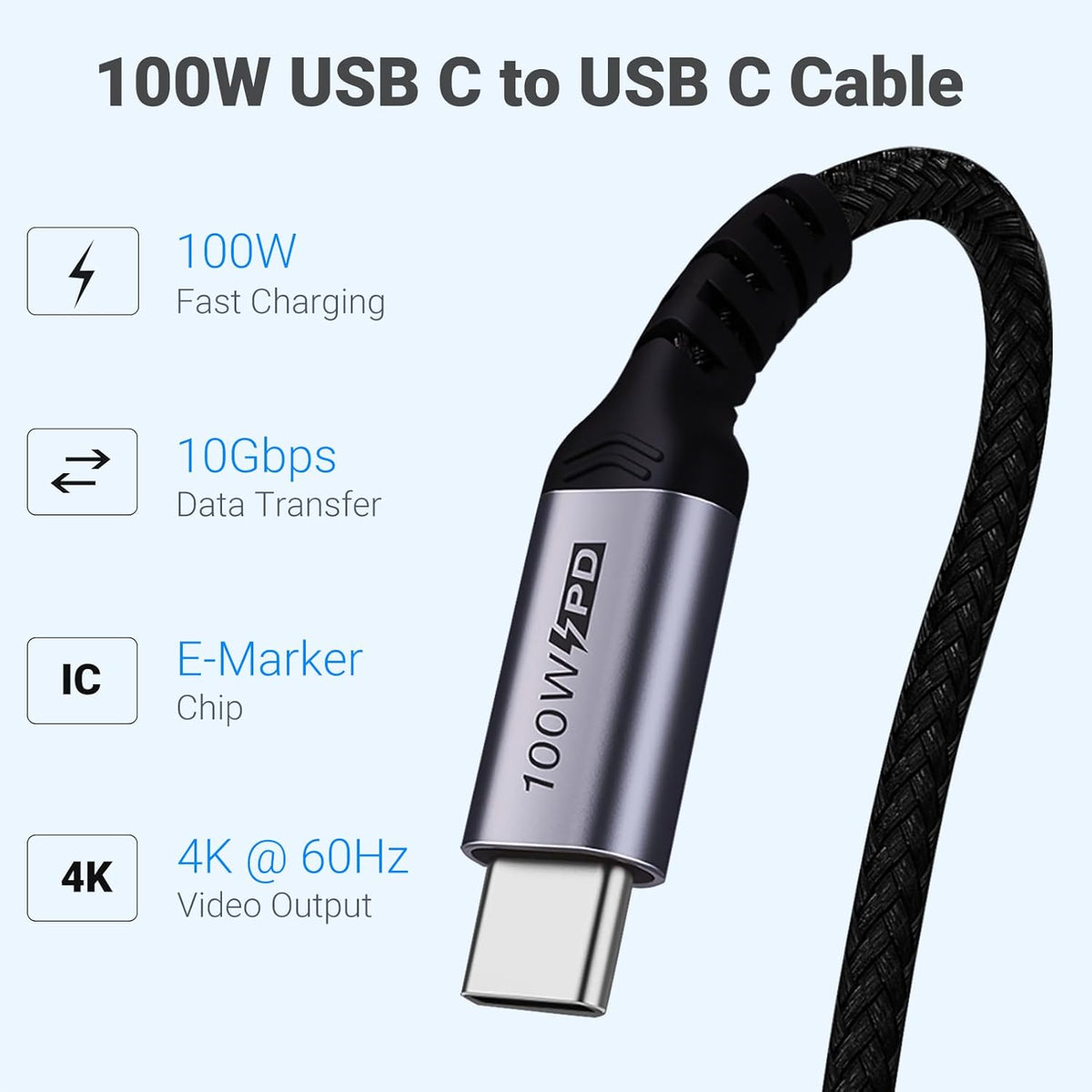 100W Short USB C Cable 3.1 Right Angle [1.5FT 2 Packs], 5A Fast Charging, 10GBbps High Speed Data E-Marker Chip Cords, 4K@60Hz Video Display