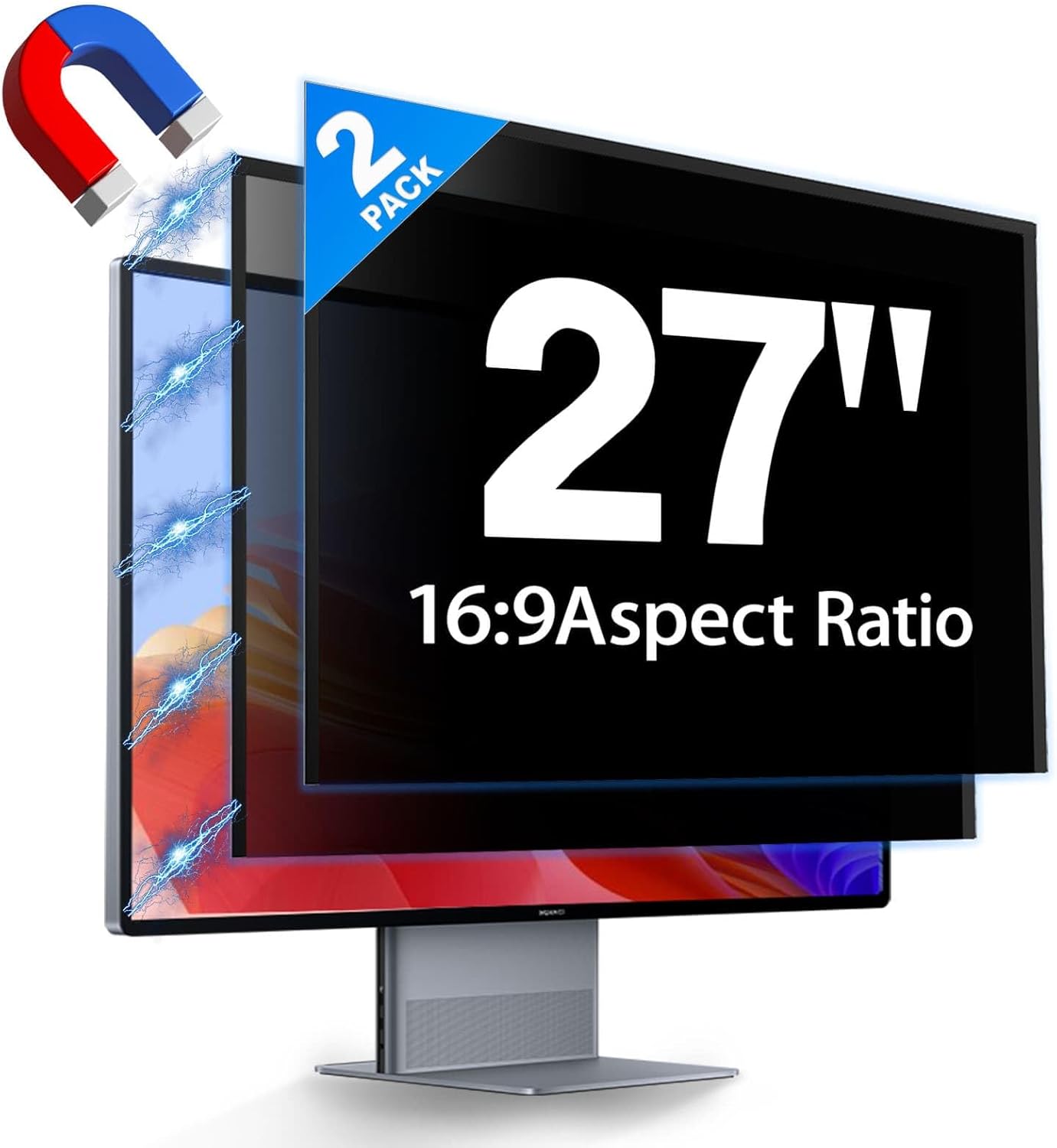 2 Pack Hidden Design Magnetic Computer Privacy Screen Filter 27 inch for Frameless Monitor 16:9 Widescreen, Removable Anti Blue Light Privacy Shield, Anti-Glare Protector