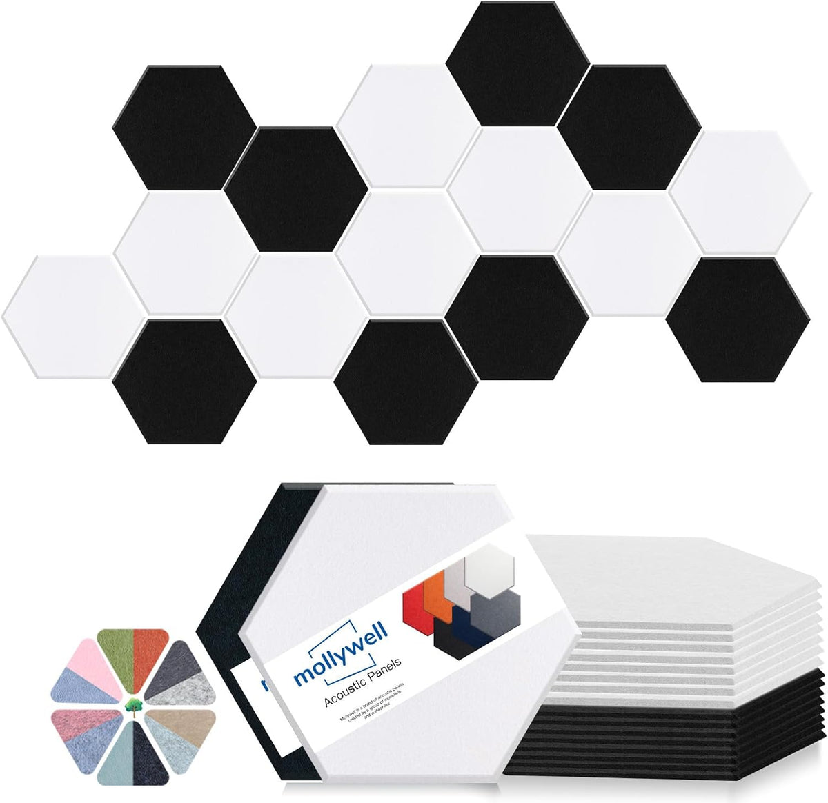 Mollywell Hexagon Acoustic Panels, High Density, Soundproofing, Decorative Noise Reduction Felt Wall Tiles for Ceilings, Home Office & Gaming Room (Black and White), 14x12x0.4 Inch