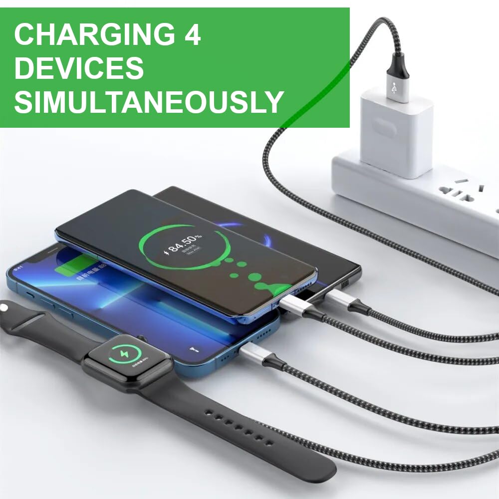 Multi Charging Cable for Apple Watch, Magnetic Wireless Charger, 4 in 1 Nylon Braided Cord for Multiple Devices, USB C/Micro Port/Compatible with iWatch Series 10-1/iPhone 16 15 14/iPad/Android - 6FT