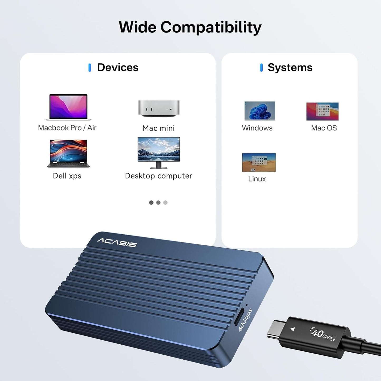 ACASIS 40Gbps M.2 NVMe SSD Enclosure, TBU405 for M1 M2 Pro/Max, Compatible with Thunderbolt 4/3/USB3.2/3.1/3.0/2.0, M.2 Enclosure Support SSD 2280/2260/2242/2230 B+M M-Key