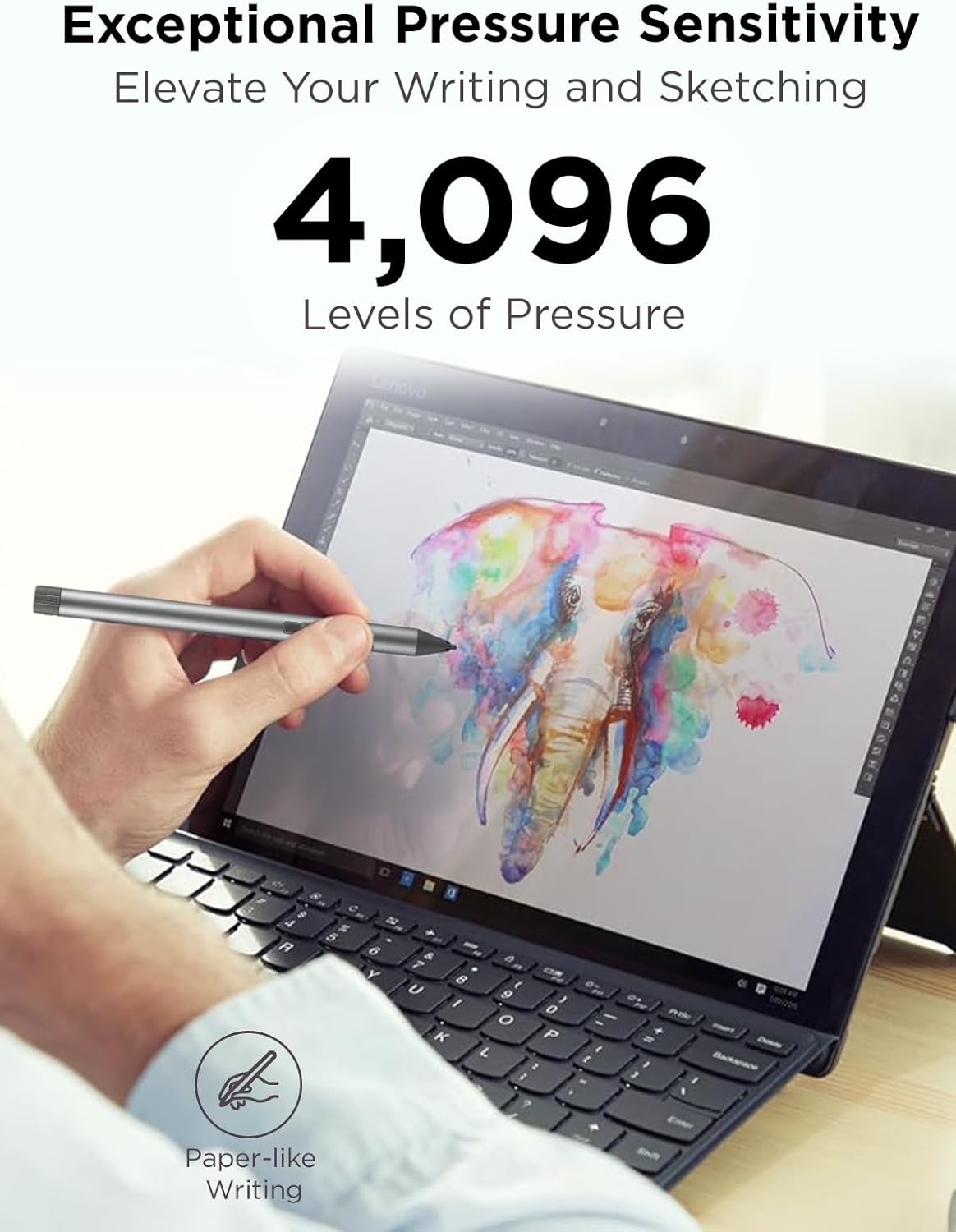 Lenovo Digital Pen 2 (Laptop) - Ultra-Tactile Response - 4,096 Levels of Pressure - Natural Feel Elastometer Pen Tip - Extended Battery Life - Silver, Grey