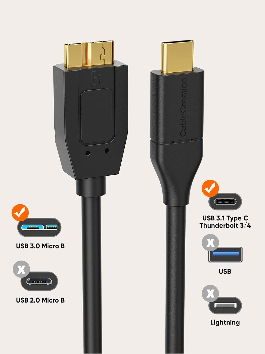 CableCreation 4FT USB C to Micro B Cable,10Gbps Speed External Hard Drive Braided,USB 3.1 Type C to Micro B Work for iPhone 15,16,Seagate WD Westgate My Passport,MacBook Pro/Air, iPad/Tablet,Black