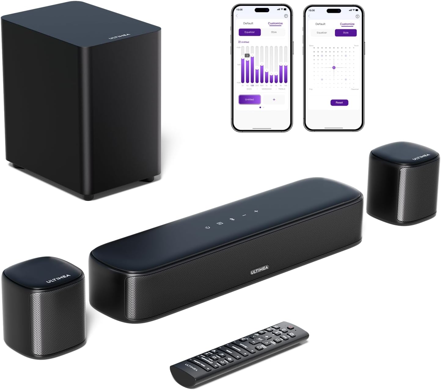 ULTIMEA 5.1ch Sound Bar with Subwoofer, Home Theater Virtual Surround Sound System for TV, Soundbar with App Control, 2 Surround Speakers, Opt/AUX, Peak Power 250W, Aura A30