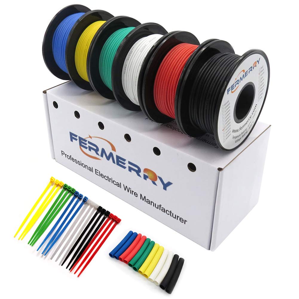 Fermerry 24 AWG Stranded Wire Spool 25ft Each 6 Colors Flexible 24 Gauge Silicone Hook up Wire Kit Electrical Tinned Copper Wire