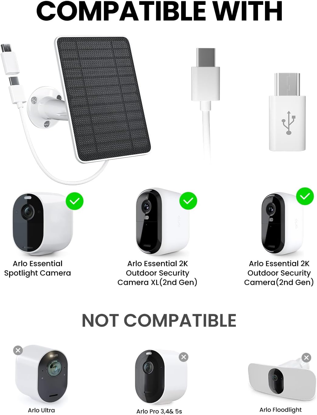 5W Solar Panel Charger Compatible with Arlo Essential 2K Outdoor Camera(2nd Gen)/Essential Outdoor XL(2nd Gen)/Essential Spotlight, IP65 Waterproof 10ft USB-C & Micro USB Cable & Wall Mount, 4 Pack