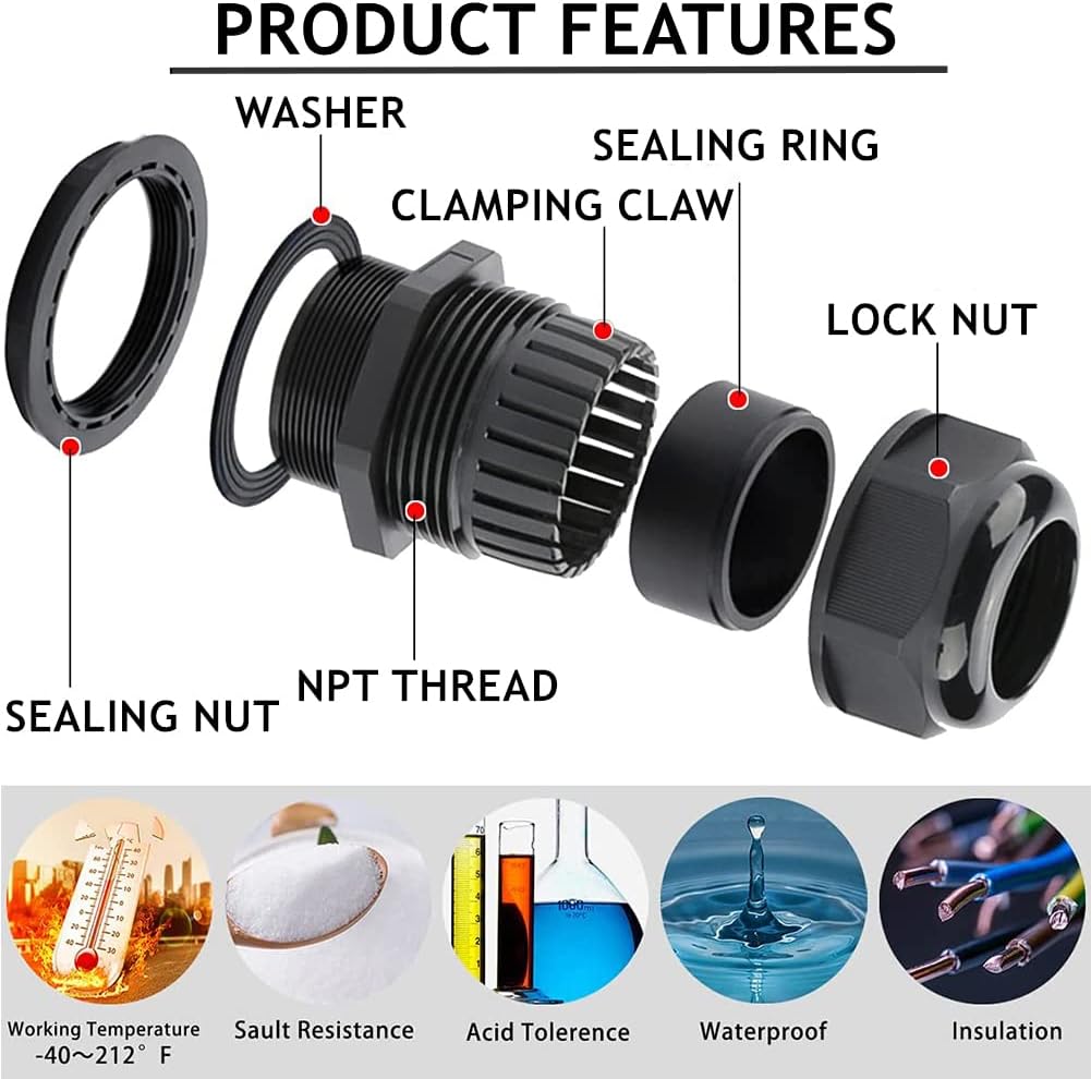 PENGLIN Cable Glands 1/2" NPT Nylon Cable Connector, Strain Relief Cord Connector, IP68 Waterproof Adjustable Locknut(1/2 Inch (10-Pack))